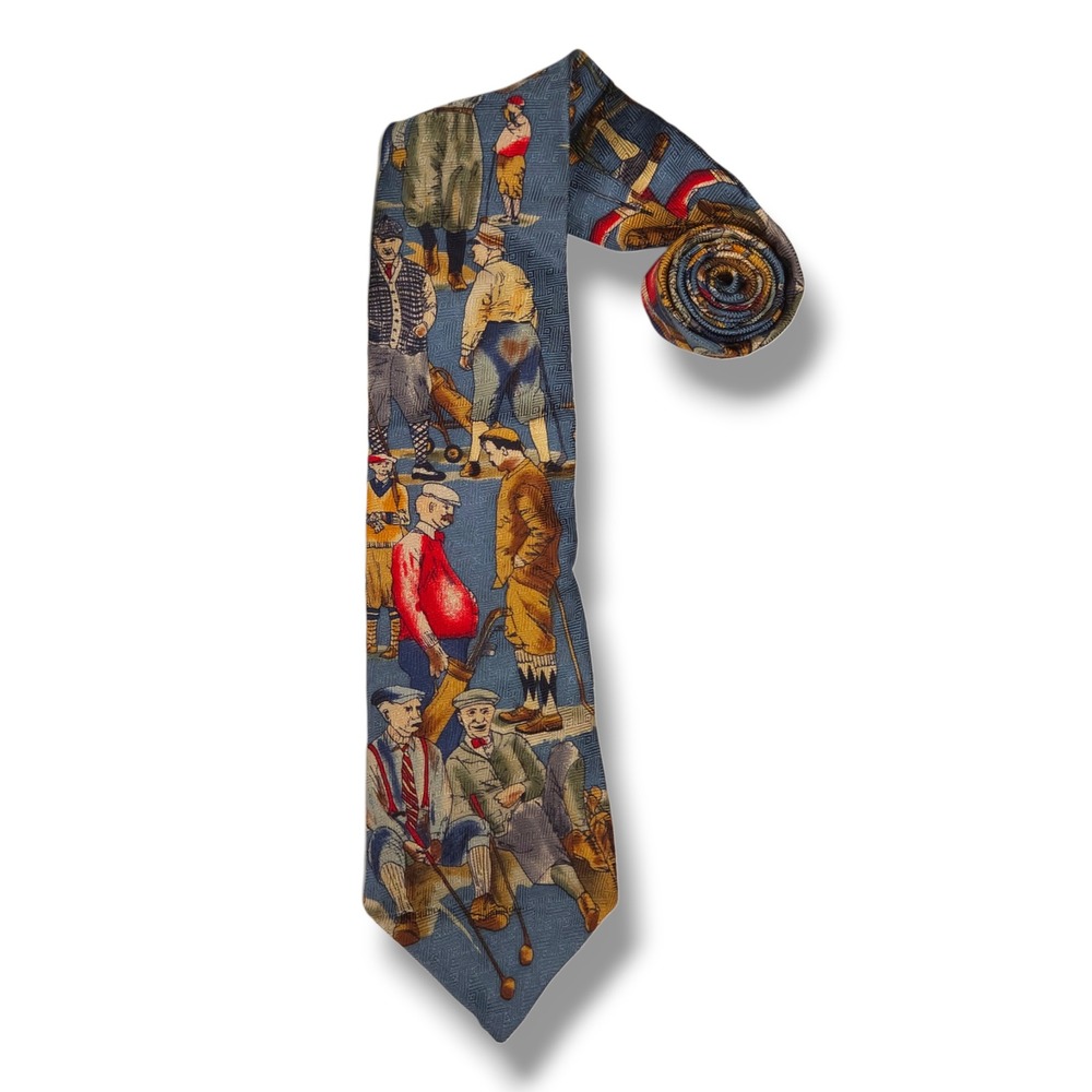 Vintage Tango By Max Raab Silk Jacquard Necktie Golf Scene Made USA Blue OS